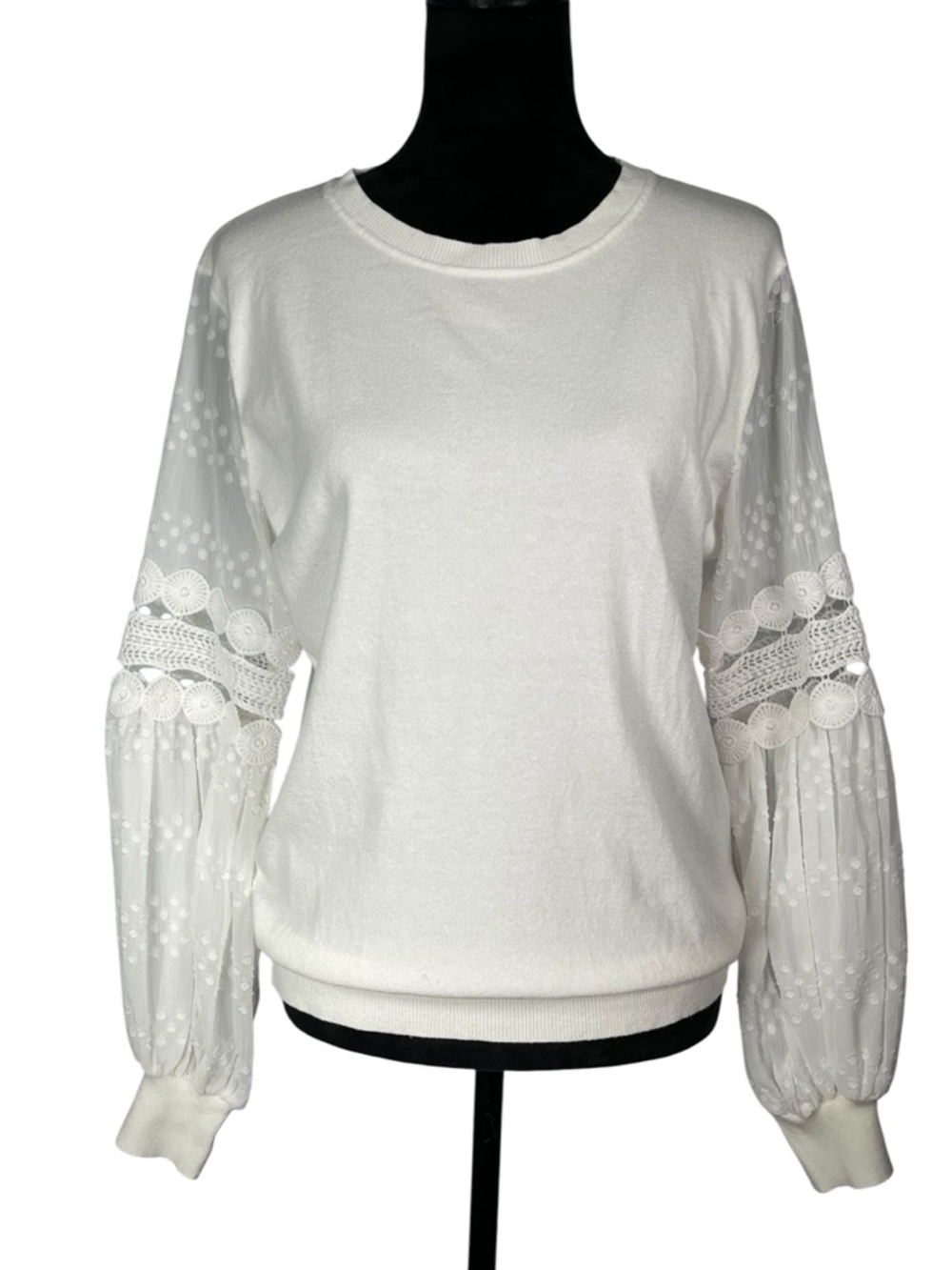 White Lace Sleeve Top Long Balloon Sleeve Pullover Knit Summer Sweater Italian